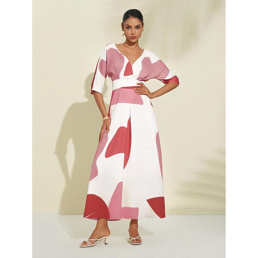 Ador Red Beige Abstract Floral Print Maxi Dress V Neck Half Sleeve Pockets L NWT
